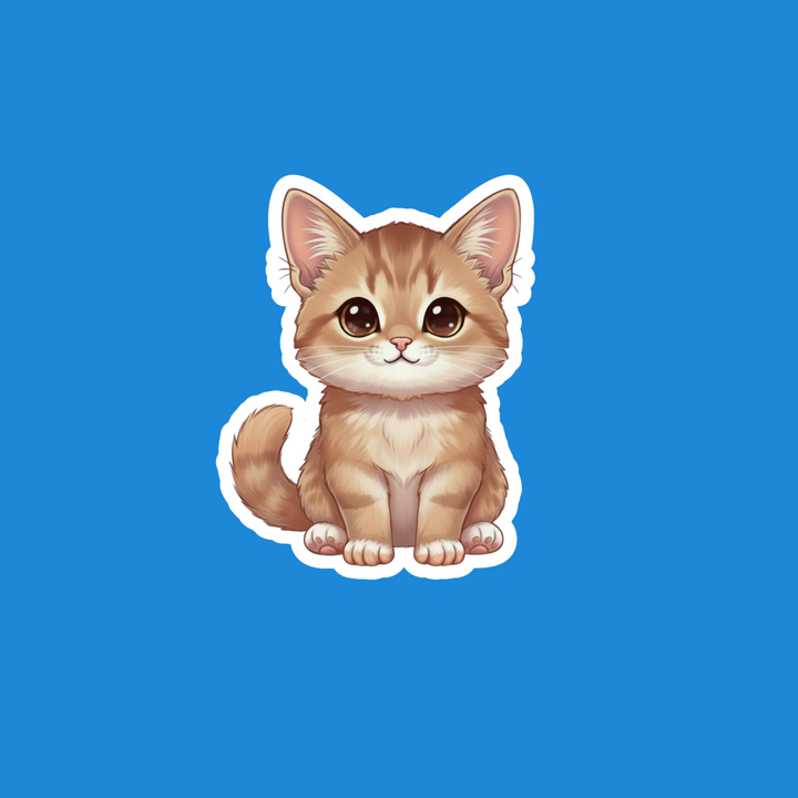 A cute cartoon kitten sticker or decal with a white outline, centered on a solid blue background.