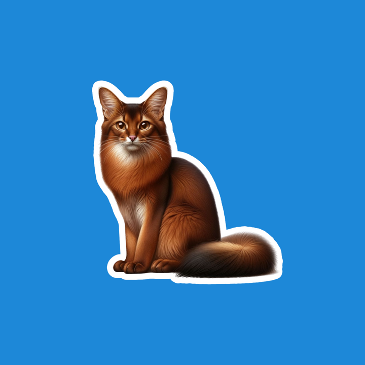 A die-cut vinyl sticker of a brown African savanna cat, shown against a solid blue background.