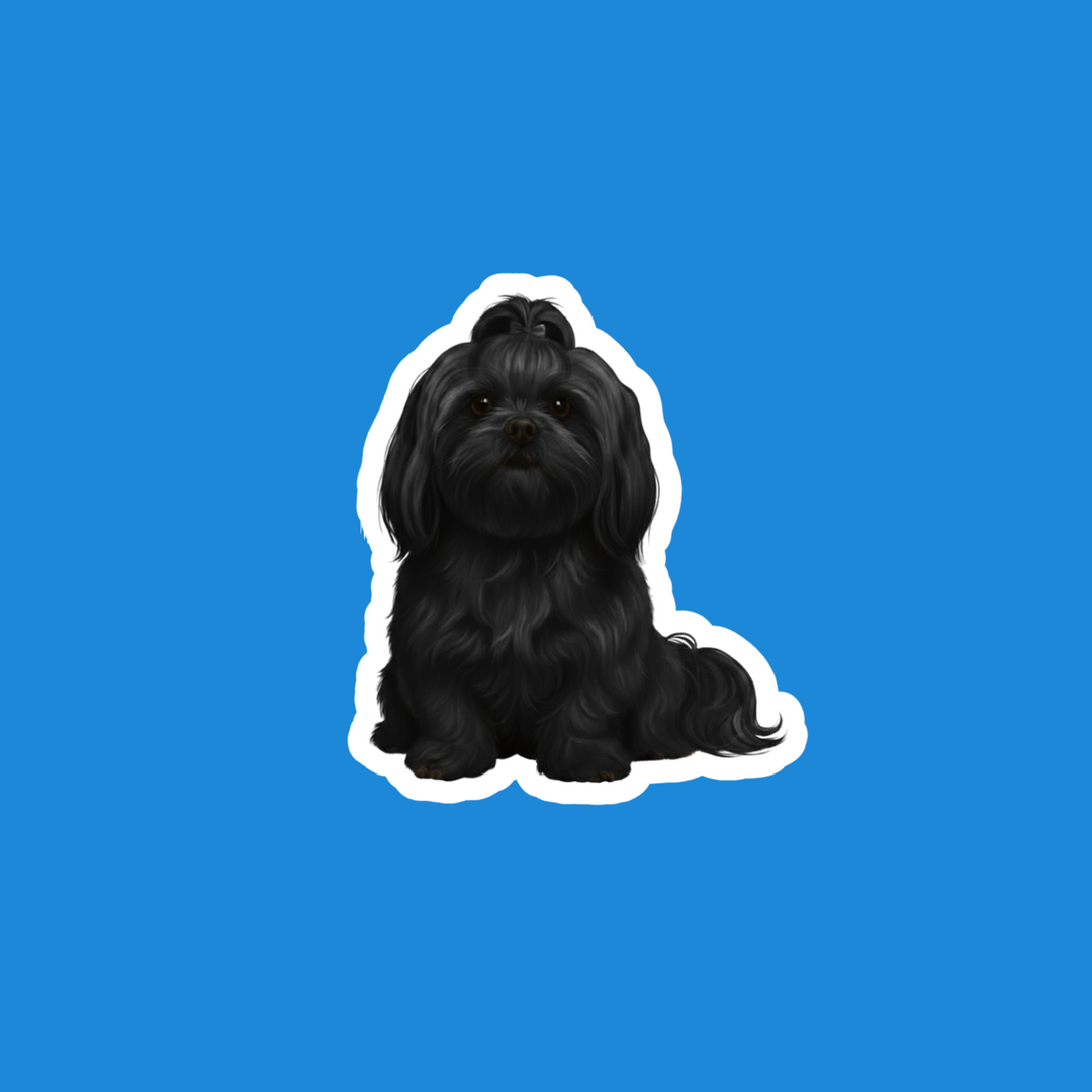 A die-cut vinyl sticker of a black Shih Tzu dog, shown against a solid blue background.