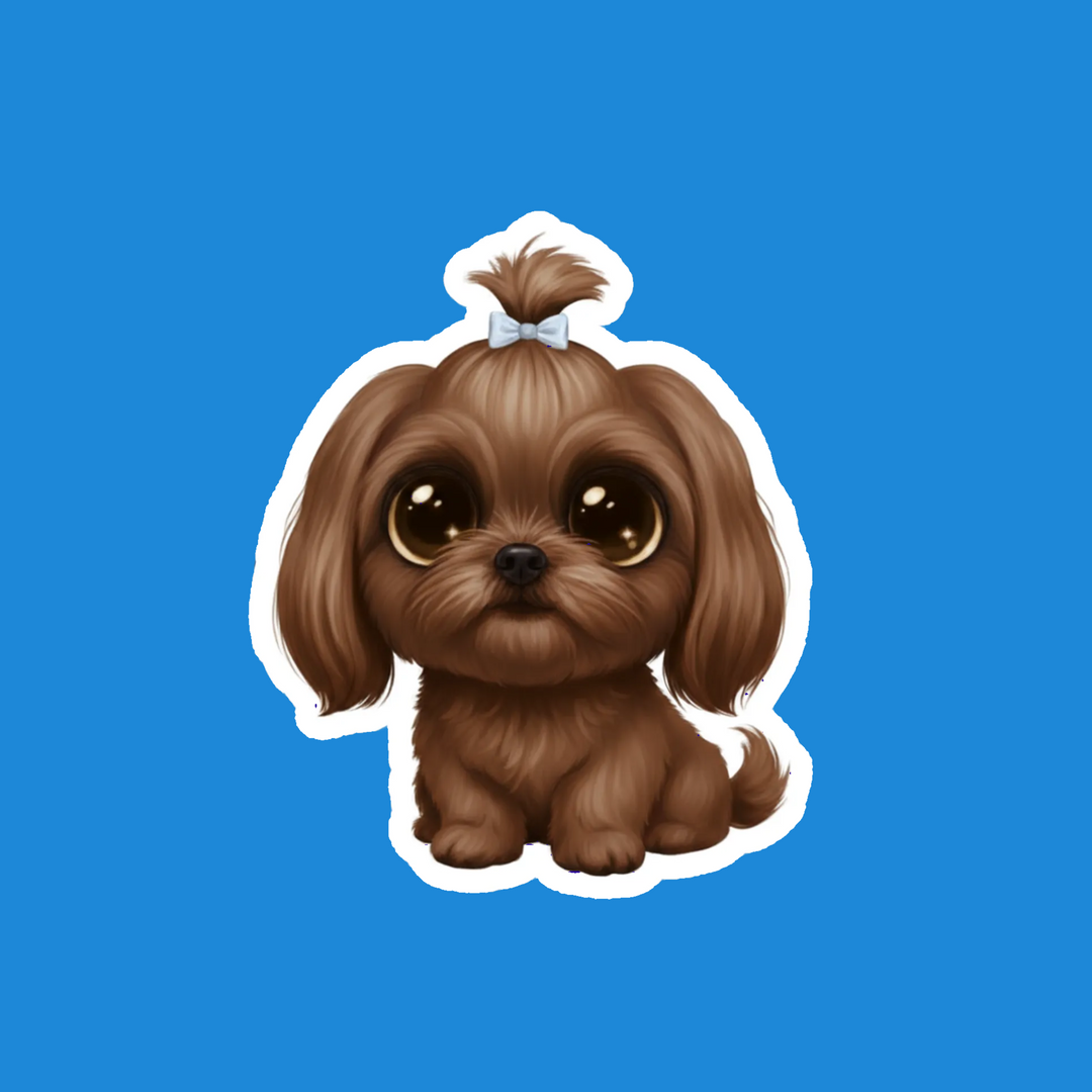A cartoon-style brown dog sticker or decal with a white outline, shown centered on a solid blue background. The dog has long floppy ears, large expressive eyes, and a small tuft of hair tied with a bow.