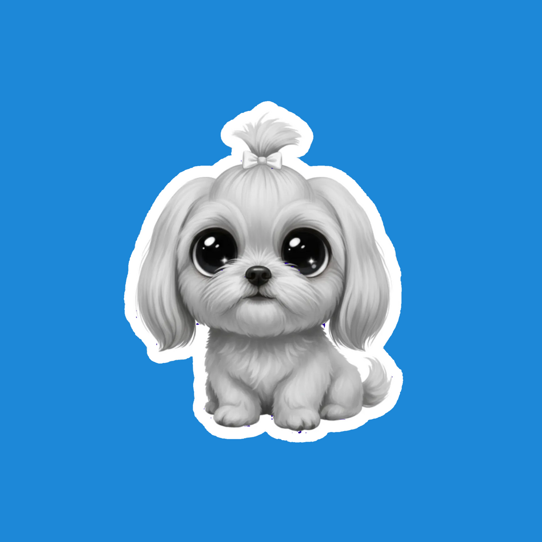 A die-cut vinyl sticker of a cute, fluffy white Shih Tzu dog with large expressive eyes and a small hair tie, shown on a solid blue background.