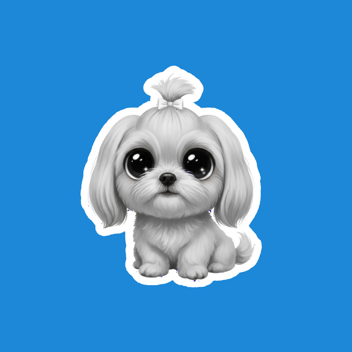 A die-cut vinyl sticker of a cute, fluffy white Shih Tzu dog with large expressive eyes and a small hair tie, shown on a solid blue background.