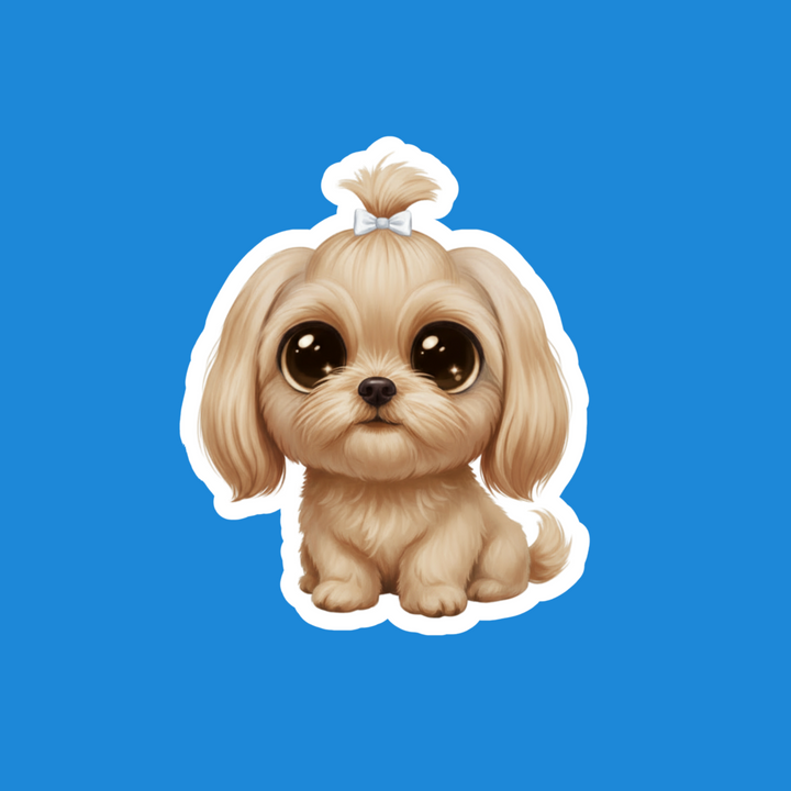 A cute cartoon-style sticker or decal of a small fluffy tan dog with large dark eyes and a small white bow in its hair, shown on a solid blue background.