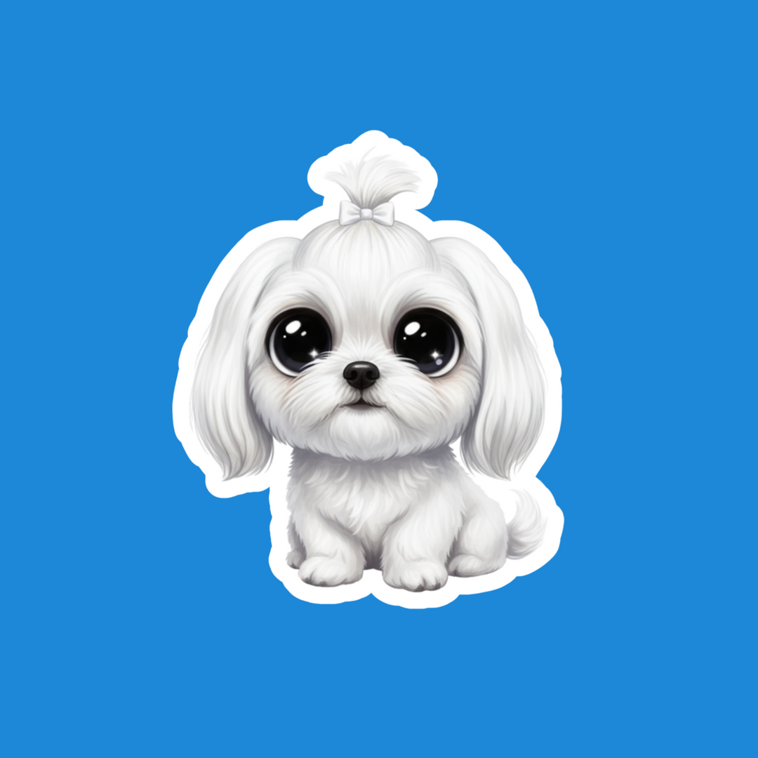 A die-cut sticker featuring a cute cartoon illustration of a small white dog with large black eyes and a small white bow on its head, shown against a solid blue background.