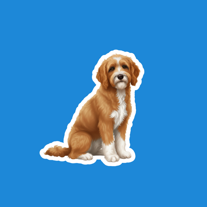 A die-cut sticker of a cute, fluffy brown and white puppy sitting down, shown against a solid blue background.