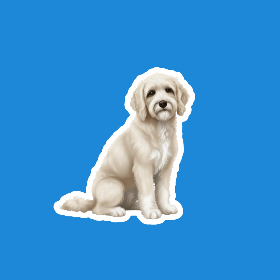 A die-cut sticker of a fluffy cream-colored puppy sitting down, shown against a solid blue background.