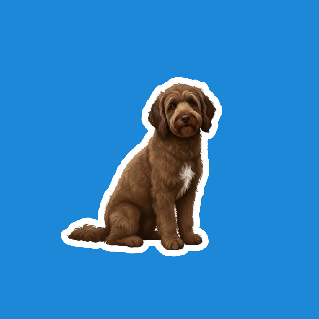A die-cut sticker of a brown curly-haired puppy with a white chest patch, shown against a solid blue background.