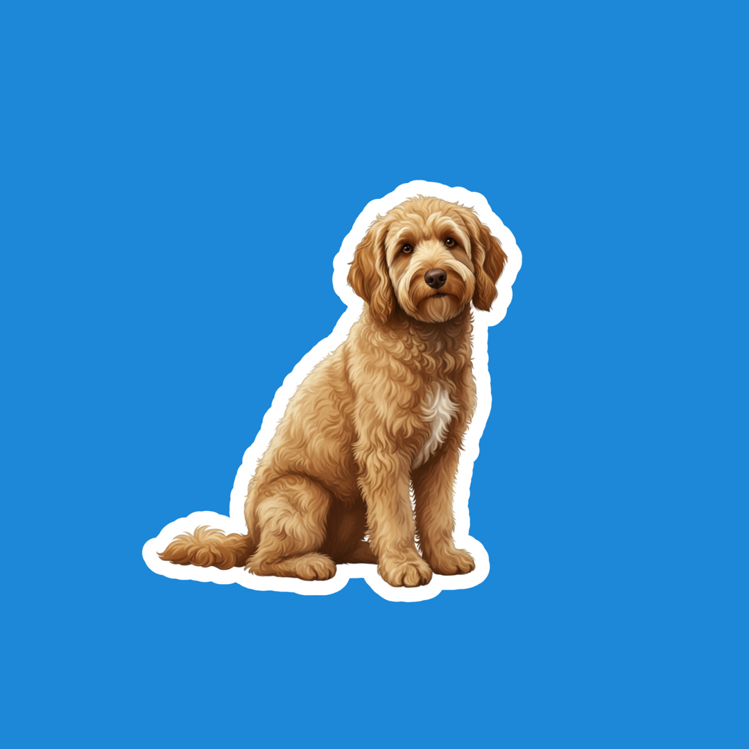 A die-cut sticker of a cute, fluffy golden-brown puppy sitting down, shown against a solid bright blue background.