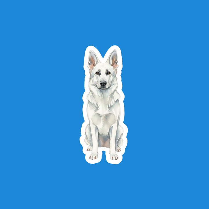 A die-cut sticker featuring a white and light gray German Shepherd dog, centered on a solid bright blue background.