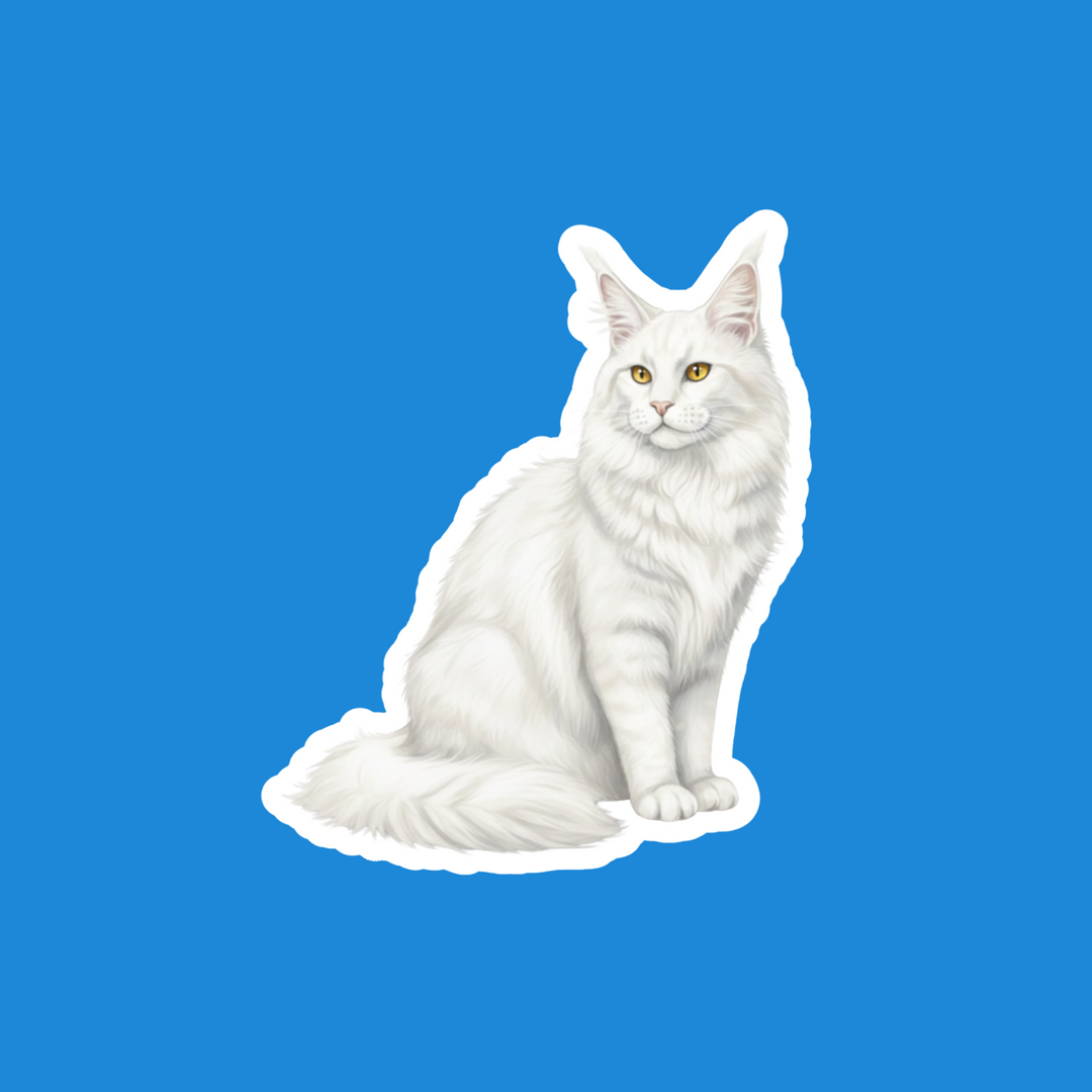 A die-cut vinyl sticker of a fluffy white long-haired cat, shown against a solid blue background.