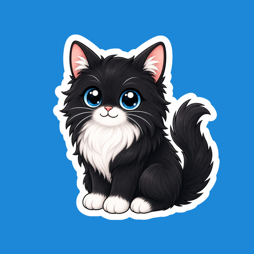 Longhair Tuxedo Cat Black and White Kawaii Vinyl Sticker – Designs by Mysh