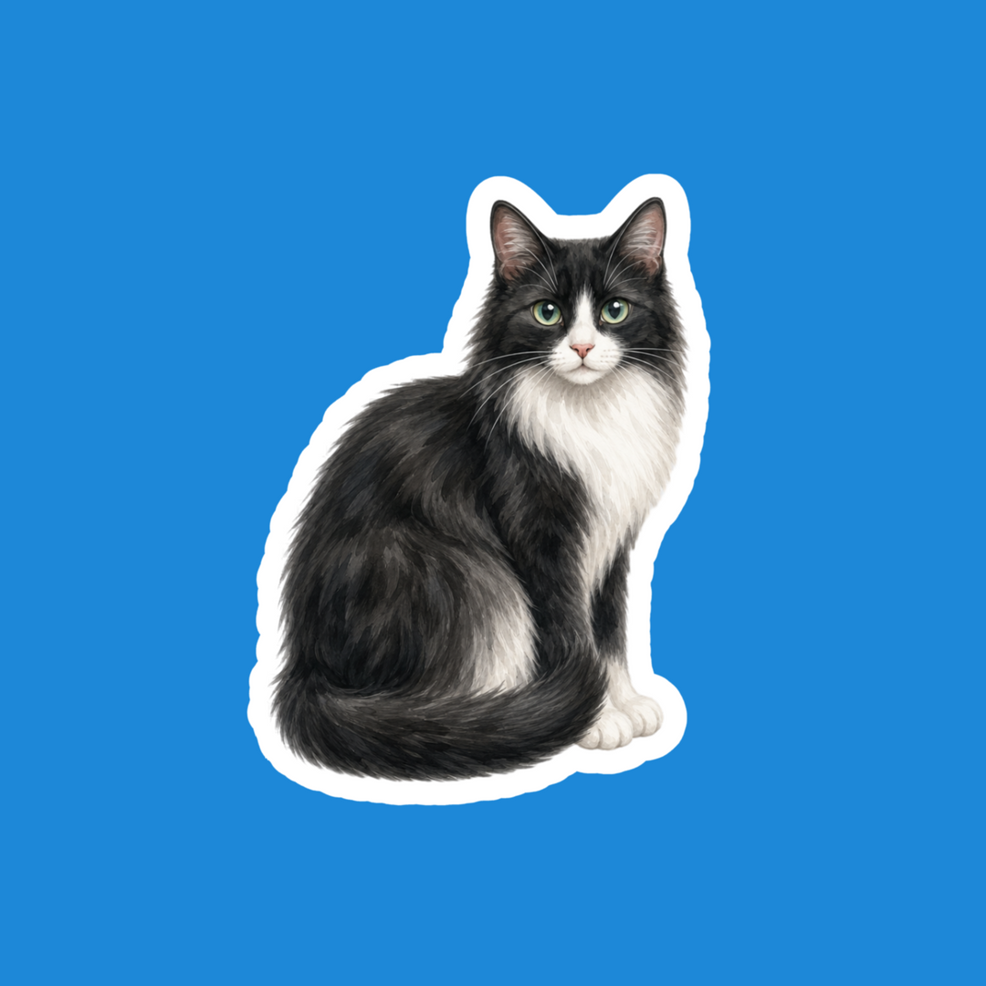 Longhair Tuxedo Cat Black and White Watercolor Vinyl Sticker – Designs by Mysh