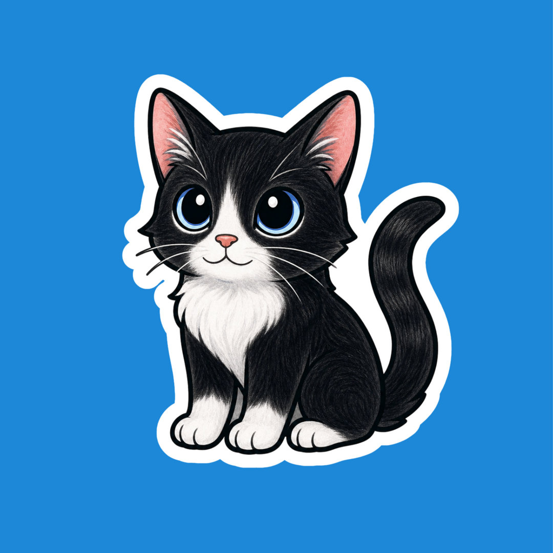A die-cut vinyl sticker featuring a cute cartoon tuxedo cat with black and white fur, pink inner ears, and large blue eyes, shown on a solid blue background.