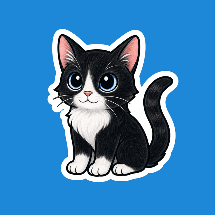 A die-cut vinyl sticker featuring a cute cartoon tuxedo cat with black and white fur, pink inner ears, and large blue eyes, shown on a solid blue background.