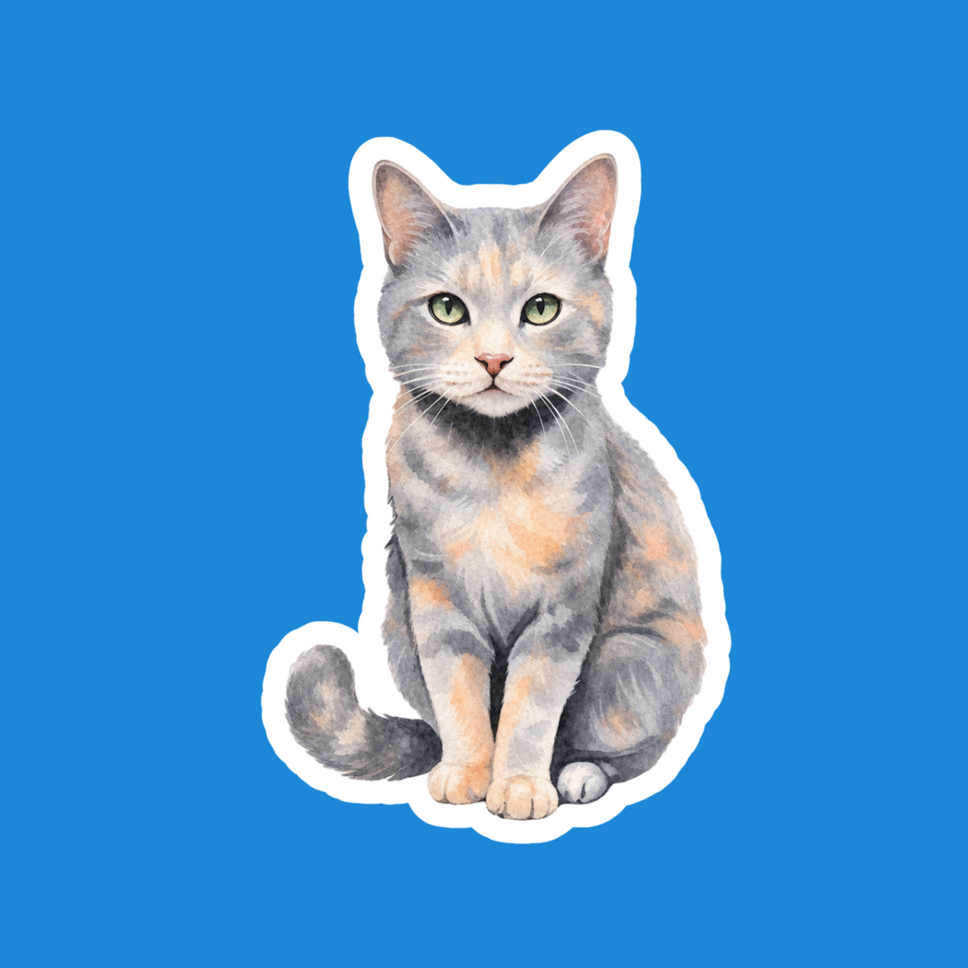 A die-cut sticker featuring a watercolor-style illustration of a gray tabby cat with green eyes, shown on a solid blue background.