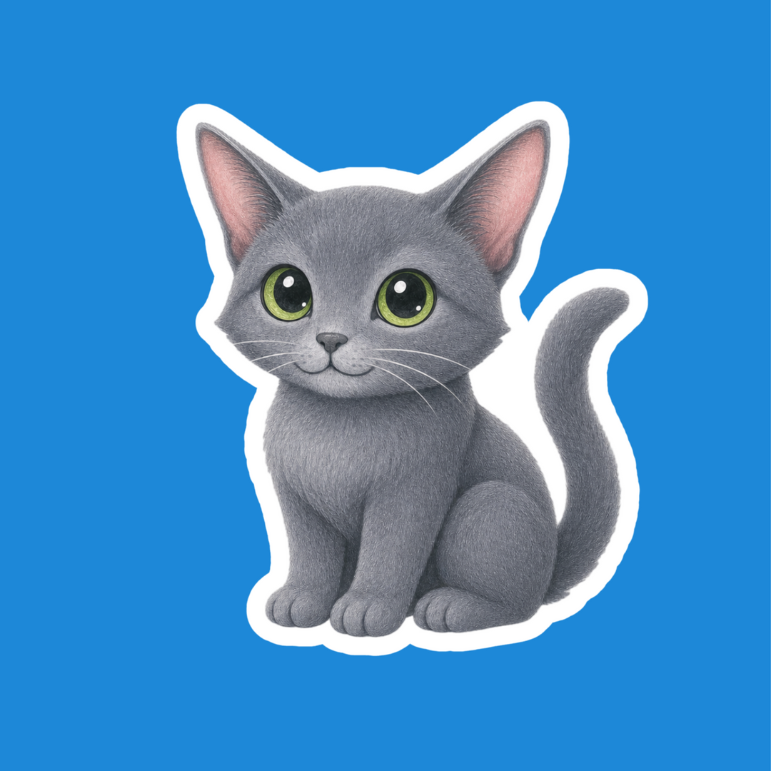 A die-cut vinyl sticker of a cute gray kitten with large green eyes, shown on a solid blue background.