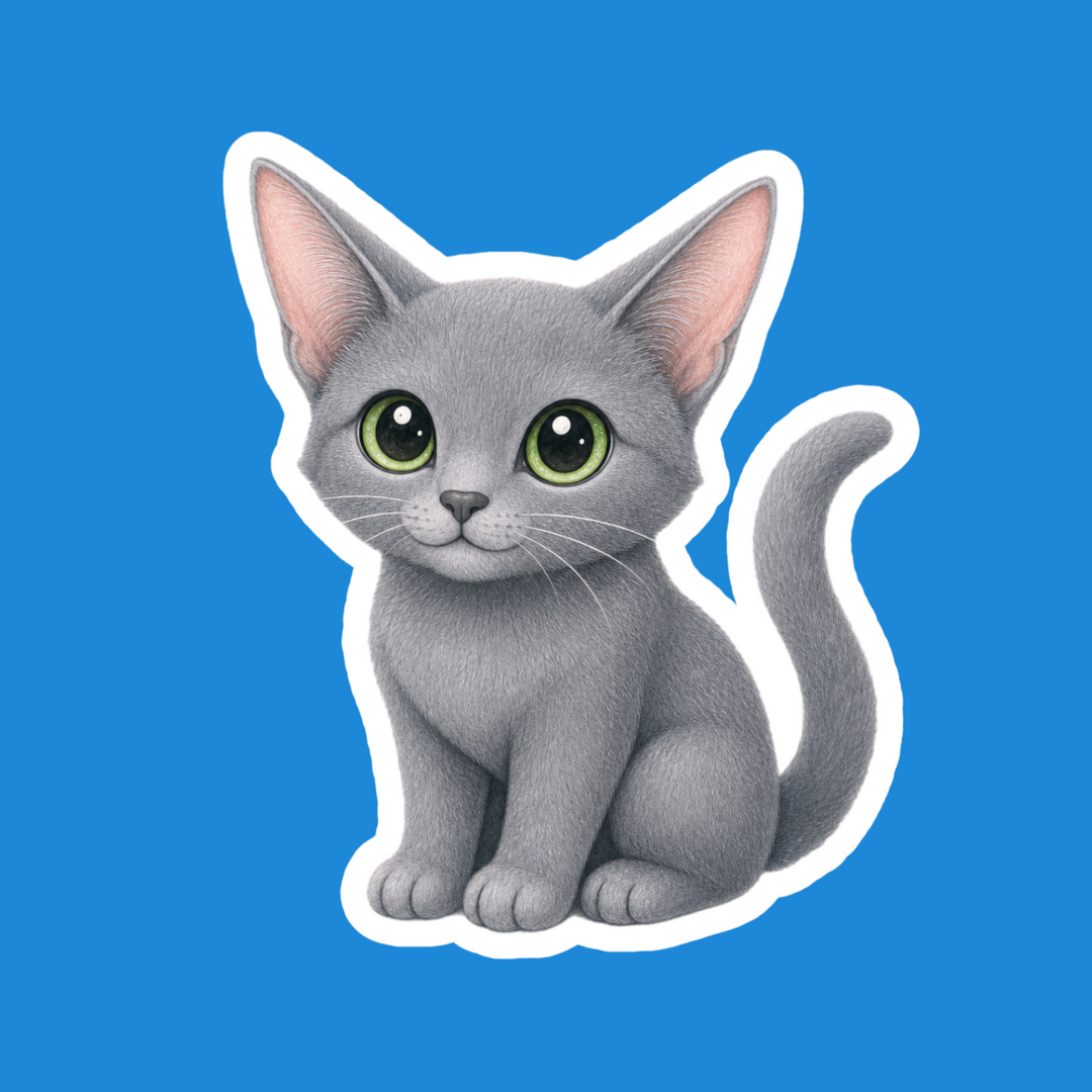 A die-cut sticker featuring a cute gray kitten with large green eyes, shown on a solid blue background.