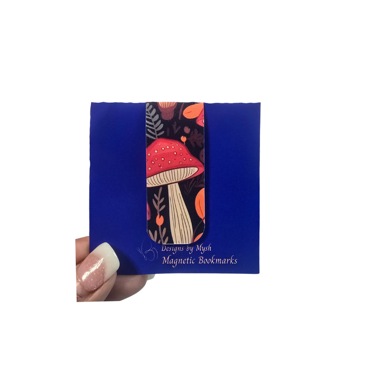 Pack of magnetic bookmarks with mushroom design on a blue background