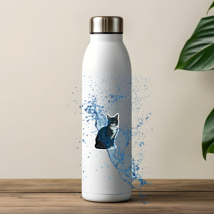 White water bottle with a cat design on a wooden surface with a plant in the background
