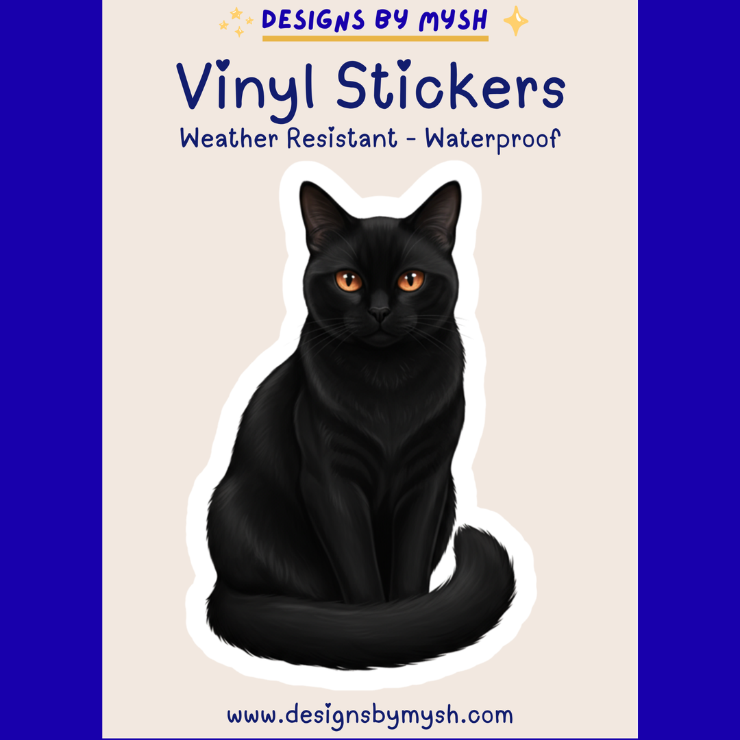 Black cat vinyl sticker with 'Designs by Mysh' branding on a blue and beige background.