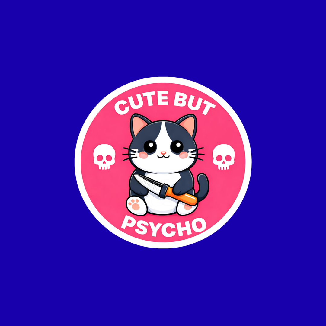 Circular sticker with a cartoon cat holding a knife on a pink background, surrounded by skulls, on a blue background.