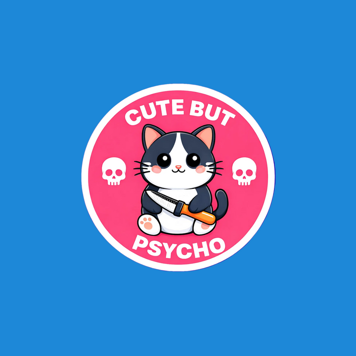 Circular sticker with a cartoon cat holding a knife on a pink background, surrounded by skulls, on a blue background.