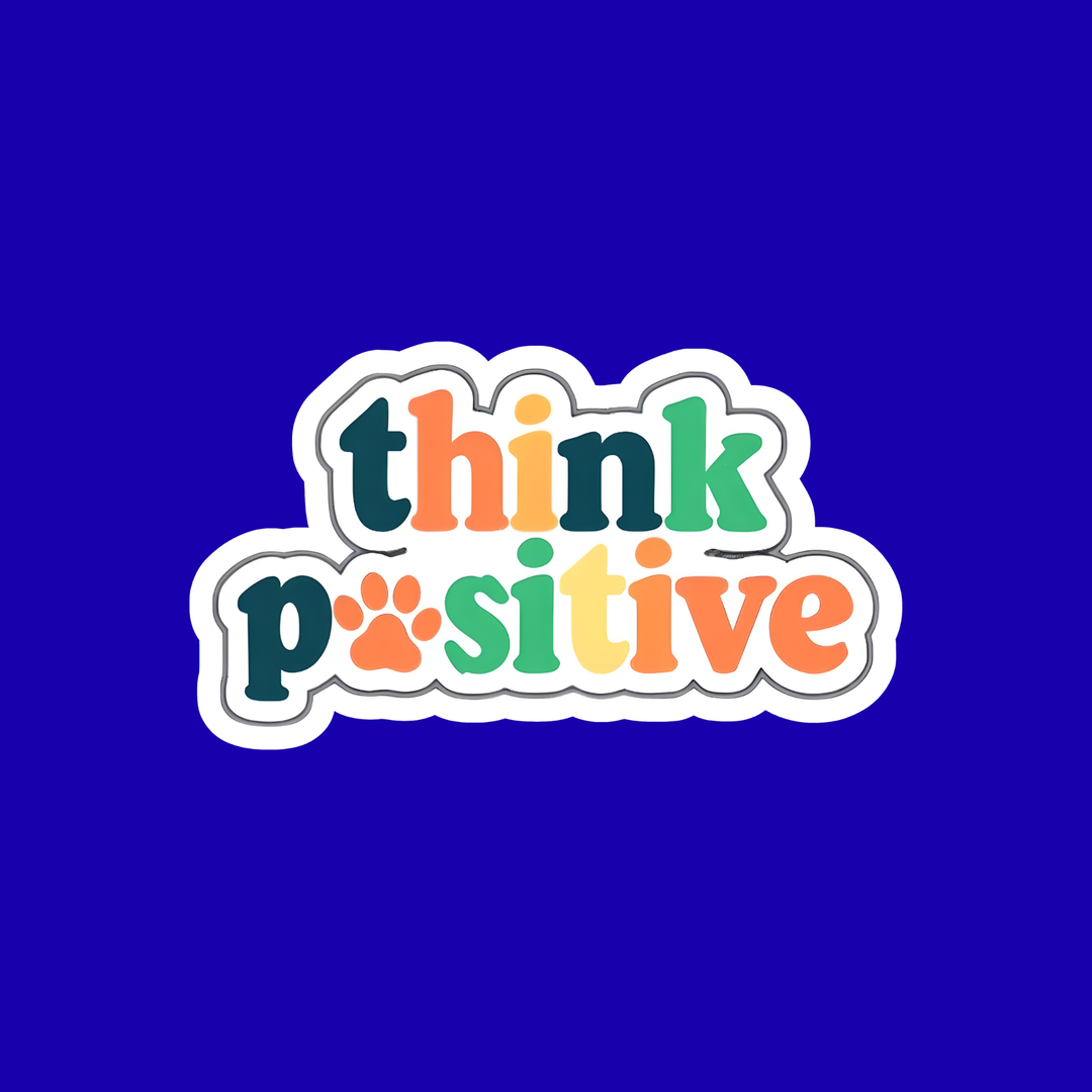 Colorful 'think positive' text on a blue background