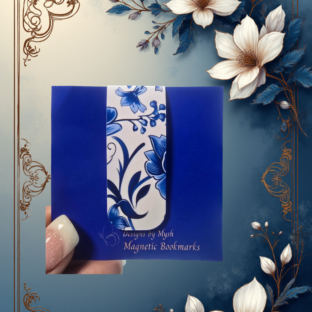 Blue and white floral magnetic bookmarks with decorative frame and flowers