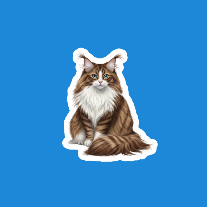 Norwegian Forest Cat brown tabby and white watercolor fridge magnet art on blue background - Designs by Mysh