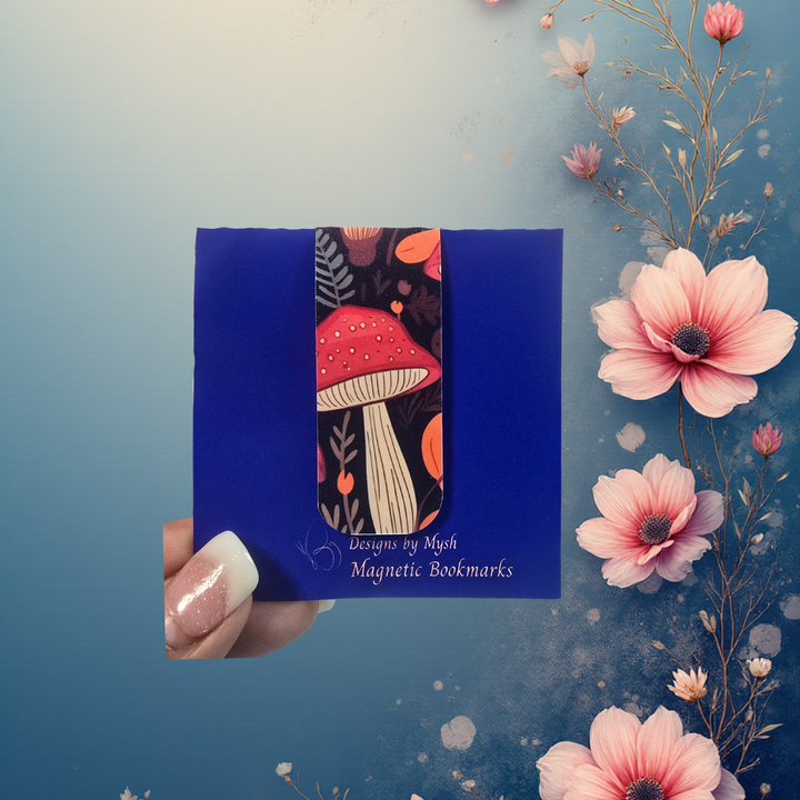 Magnetic bookmarks packaging with mushroom design on a blue background, surrounded by flowers.
