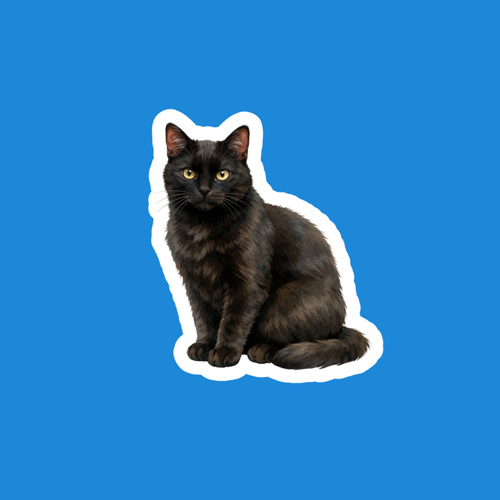 Black cat sticker on a blue background