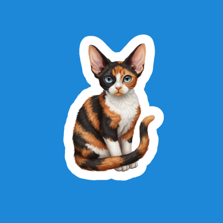 Sticker of a cat with tortoiseshell coat on a blue background