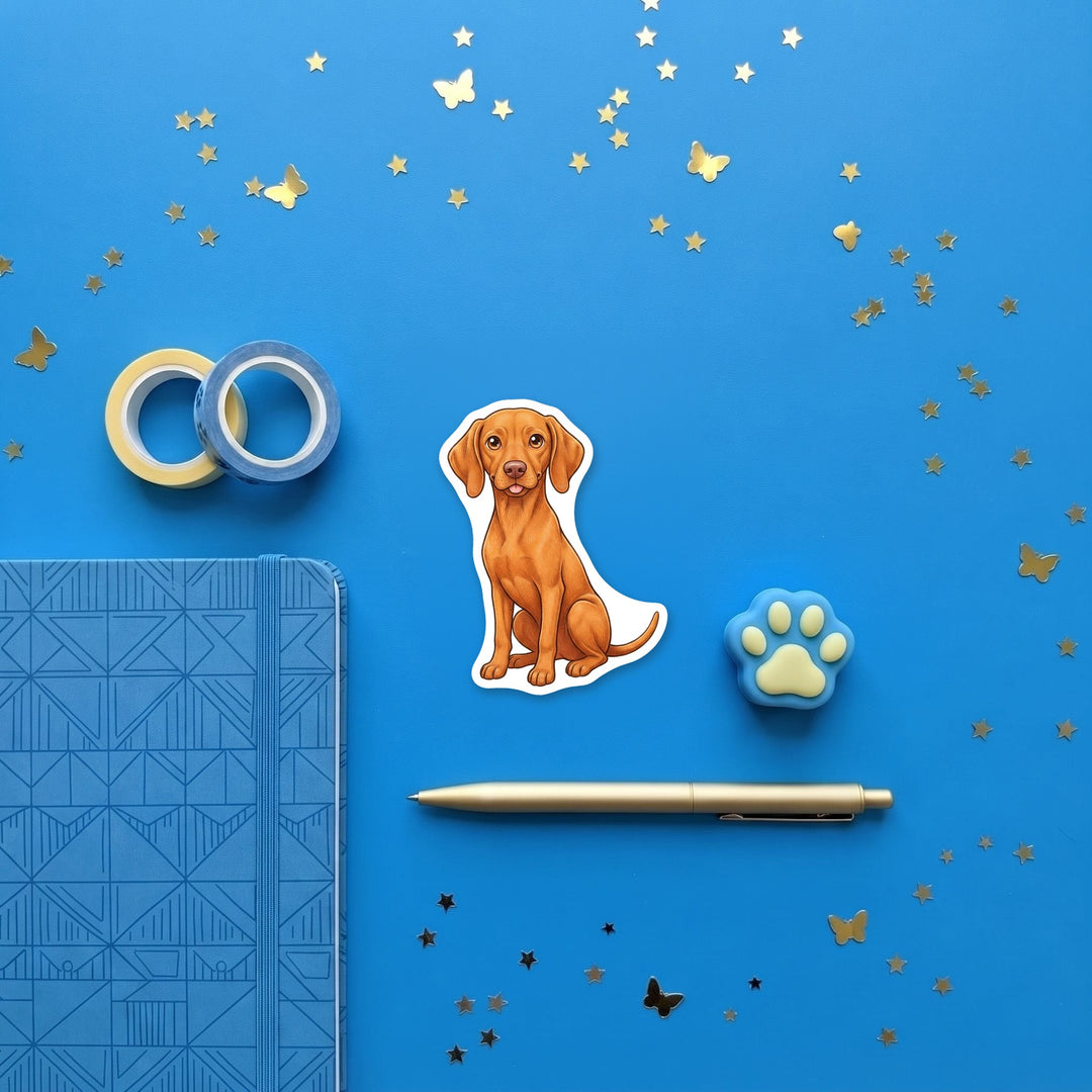 Vizsla Golden Rust kawaii 3 inch sticker flat lay with blue and yellow stationery – Designs by Mysh