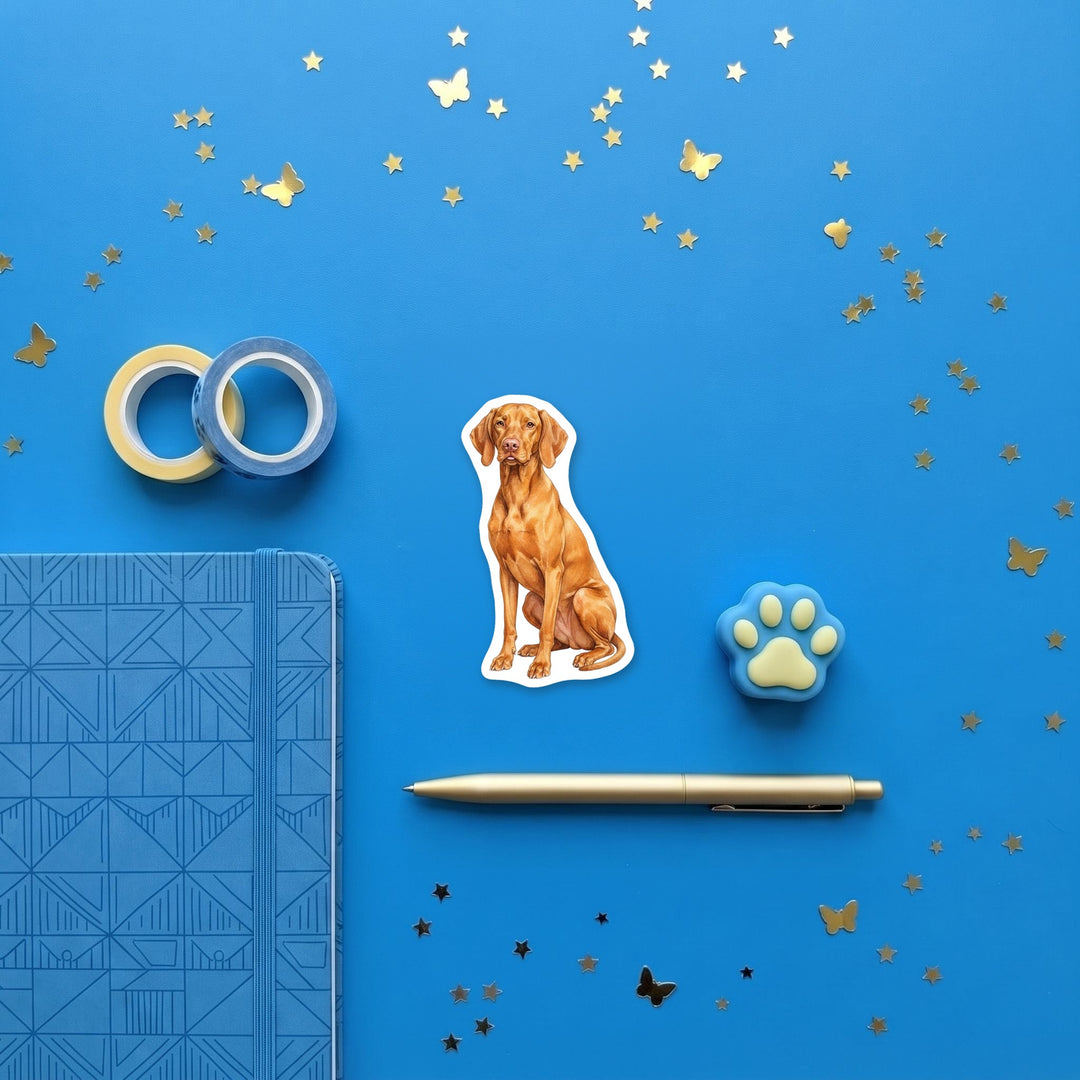 Vizsla Golden Rust watercolor 3 inch sticker flat lay with blue and yellow stationery – Designs by Mysh