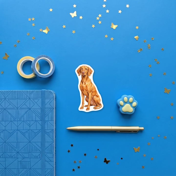 Vizsla Golden Rust watercolor 3 inch sticker flat lay with blue and yellow stationery – Designs by Mysh
