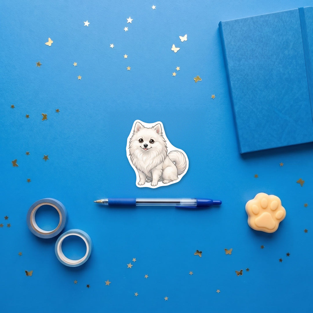 Volpino Italiano White kawaii 3 inch fridge magnet flat lay with blue and yellow stationery – Designs by Mysh