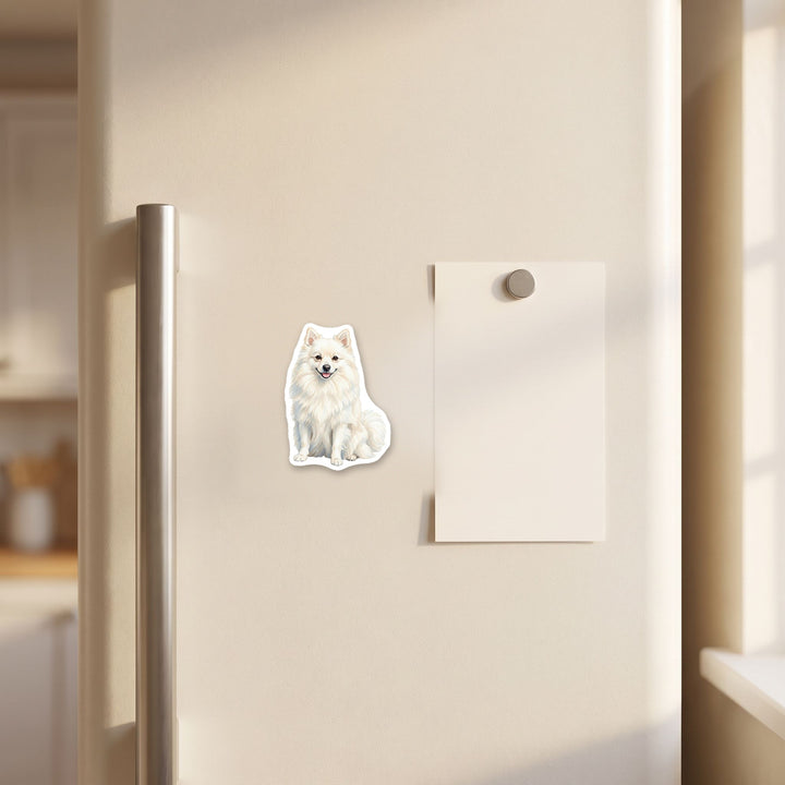 Volpino Italiano White watercolor fridge magnet on a refrigerator door – Designs by Mysh