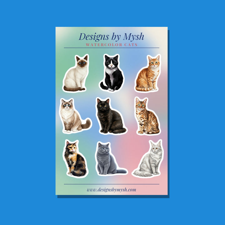 Watercolor Cats glossy 4x6 sticker sheet with nine watercolor cat breed stickers – Designs by Mysh