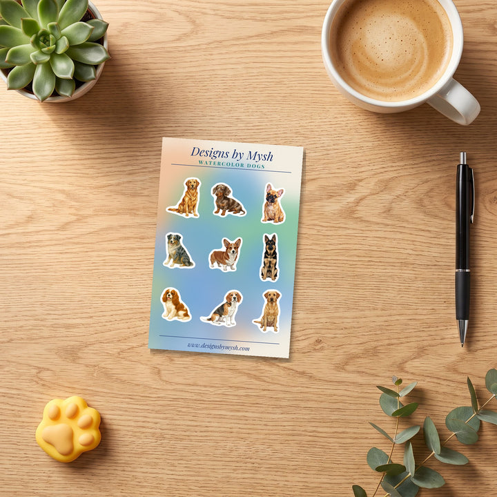 Watercolor Dogs sticker sheet on a cozy desk
