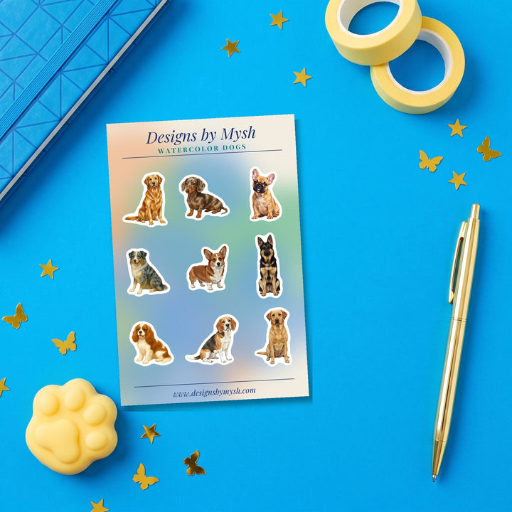 Watercolor Dogs sticker sheet on a notepad flat lay
