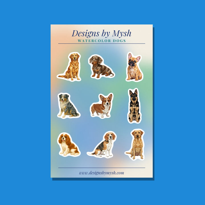 Watercolor Dogs glossy 4x6 sticker sheet with nine dog breeds
