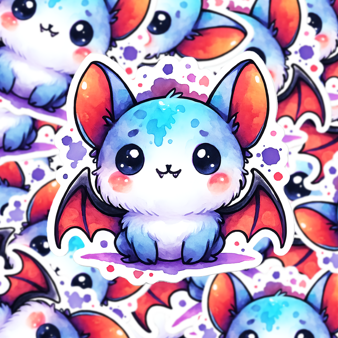 Kawaii Bat Sticker, Cute Watercolor Halloween Bat Decal, Spooky Cute Animal Vinyl, Gothic Fall Aesthetic Sticker - Designs by Mysh