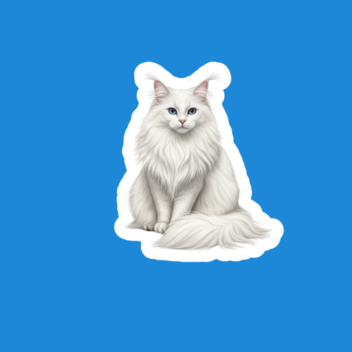 White cat illustration on a blue background