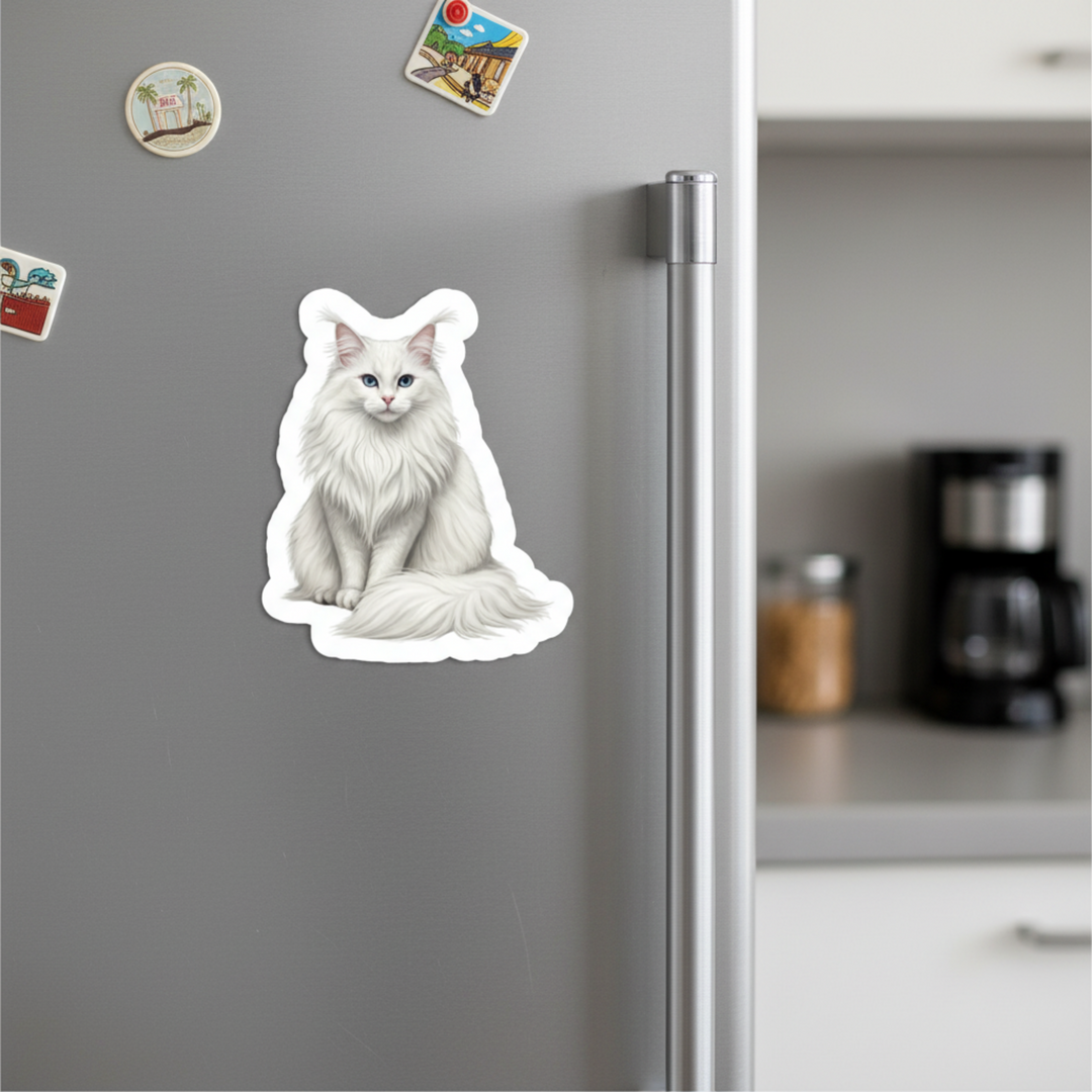 White cat magnet on a refrigerator with other magnets in the background
