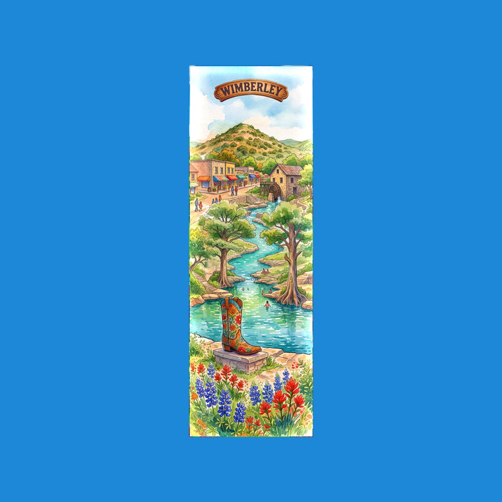Wimberley Texas watercolor 2x6 bookmark with a painted cowboy boot by the creek, with the gristmill and Hill Country hills - Designs by Mysh