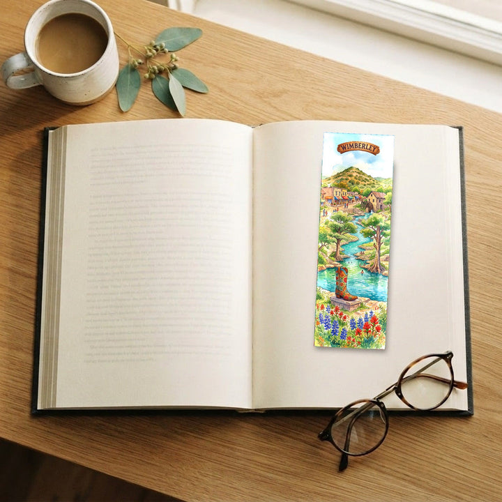 Wimberley Texas watercolor traditional bookmark on an open book with coffee and glasses - Designs by Mysh
