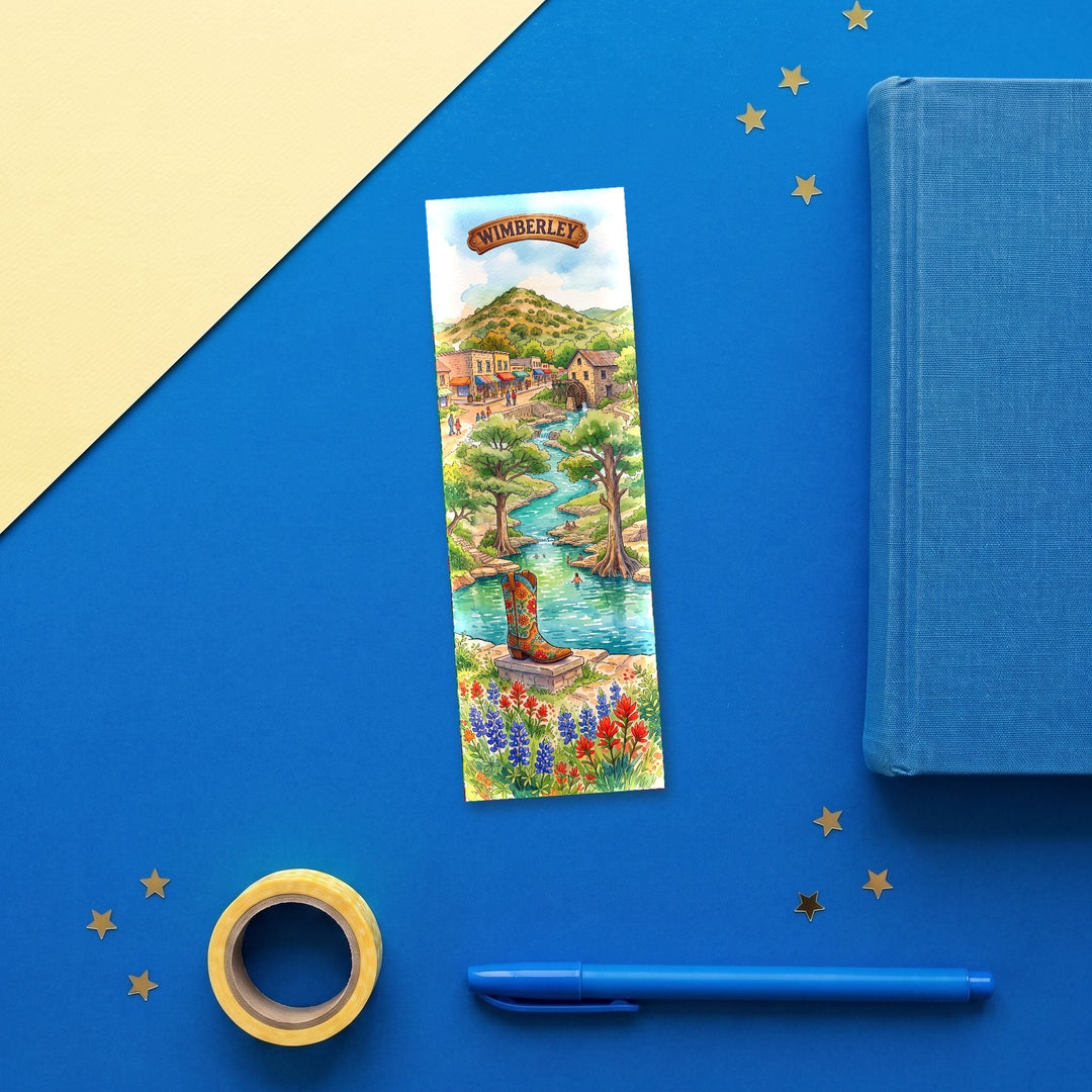 Wimberley Texas 2x6 inch bookmark flat lay with blue book and stationery - Designs by Mysh