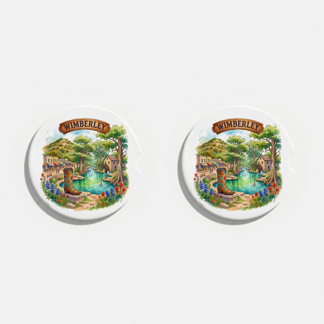 Set of two round ceramic car coasters with a watercolor Wimberley, Texas design with bluebonnets – Designs by Mysh
