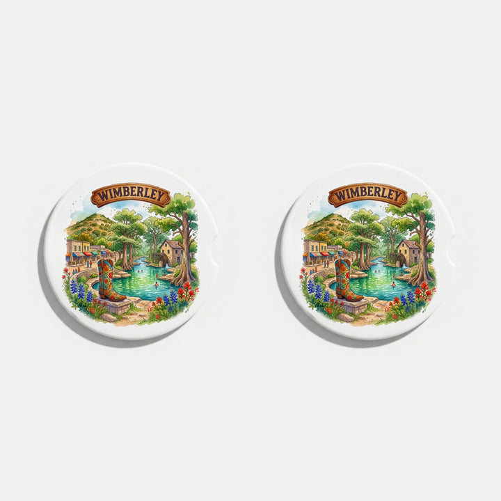 Set of two round ceramic car coasters with a watercolor Wimberley, Texas design with bluebonnets – Designs by Mysh
