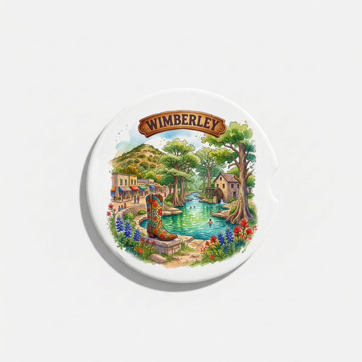 Single round ceramic car coaster with a watercolor Wimberley, Texas design, sold individually – Designs by Mysh